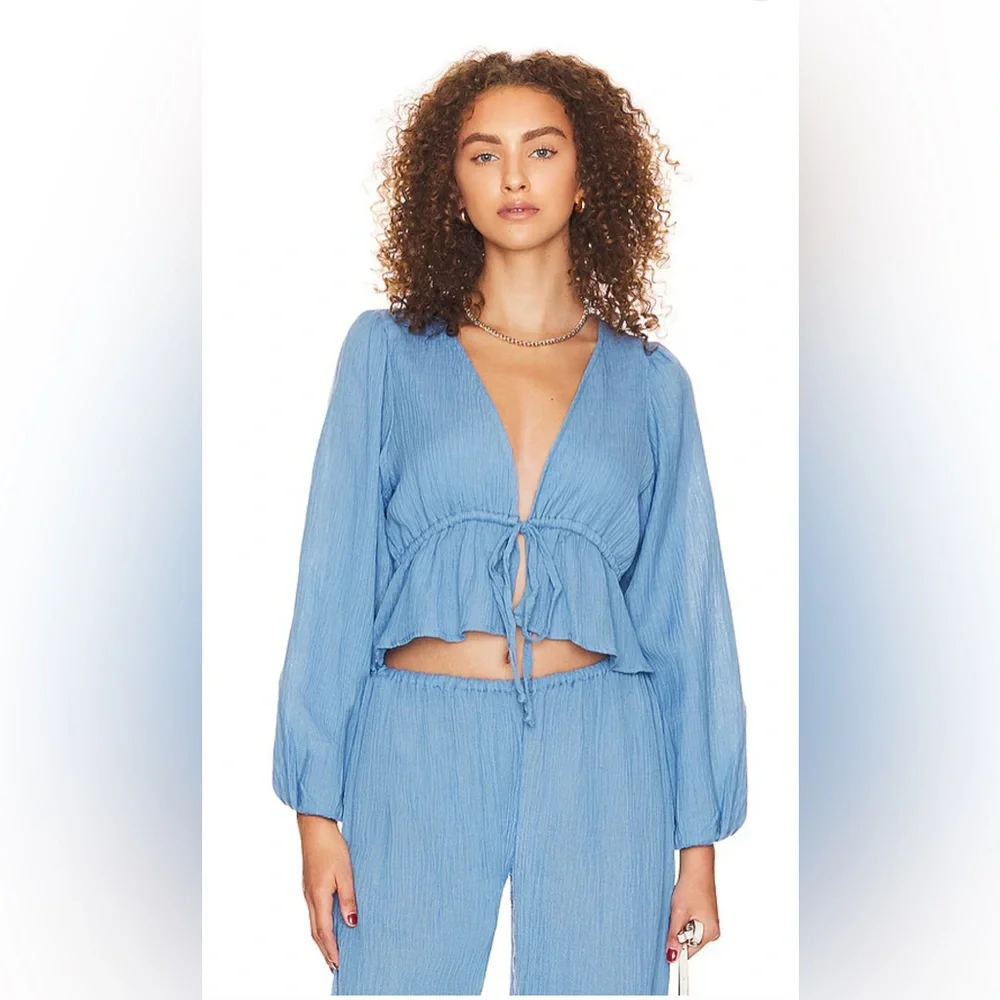 Faithfull The Brand Jacques Top in Chambray Blue Size Small Linen Ruffle Tie - Picture 2 of 8